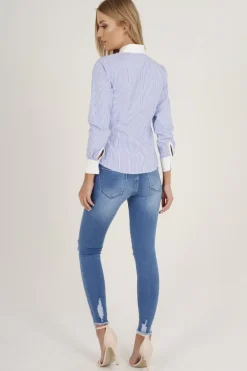 Rebellious Fashion Blue Stripe Collared Shirt - Nelly