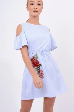 Rebellious Fashion Blue Striped Cold Shoulder Embroidered Shirt Dress - Isadora