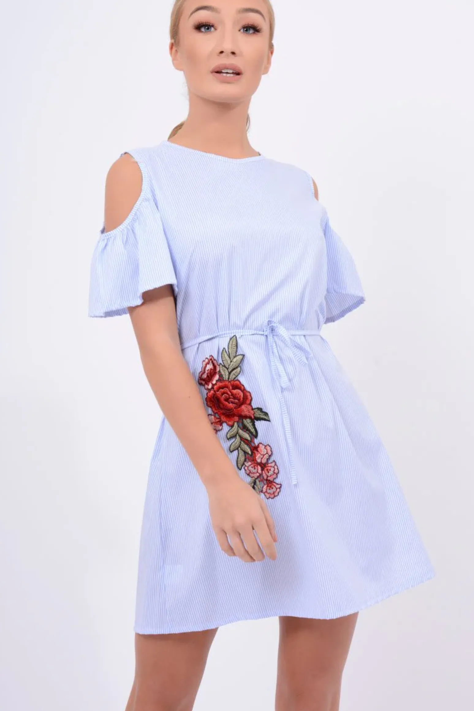 Rebellious Fashion Blue Striped Cold Shoulder Embroidered Shirt Dress - Isadora