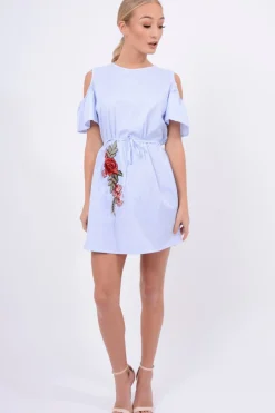 Rebellious Fashion Blue Striped Cold Shoulder Embroidered Shirt Dress - Isadora