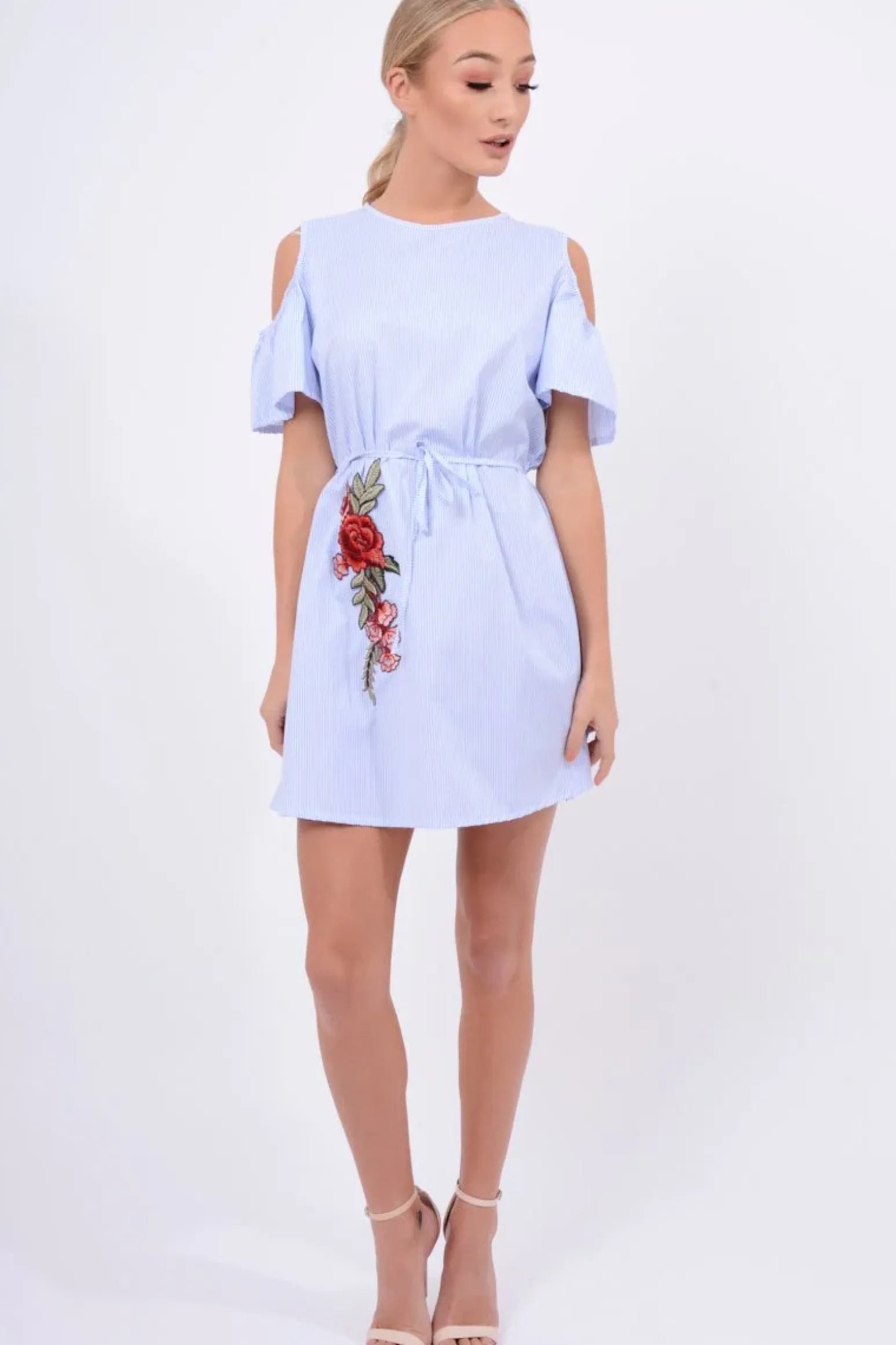 Rebellious Fashion Blue Striped Cold Shoulder Embroidered Shirt Dress - Isadora