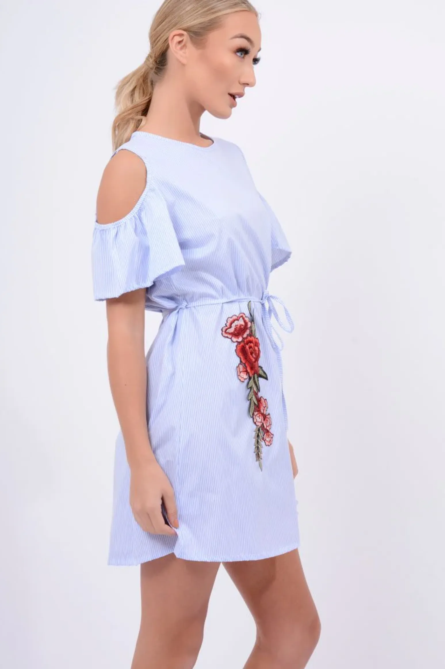 Rebellious Fashion Blue Striped Cold Shoulder Embroidered Shirt Dress - Isadora