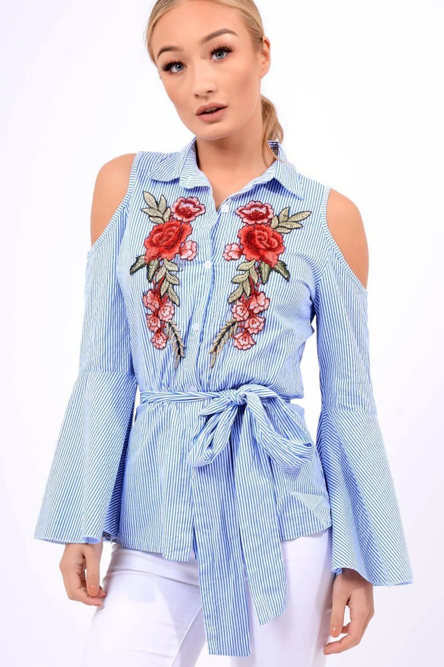 Rebellious Fashion Blue Striped Cold Shoulder Tie Shirt - Aniyah