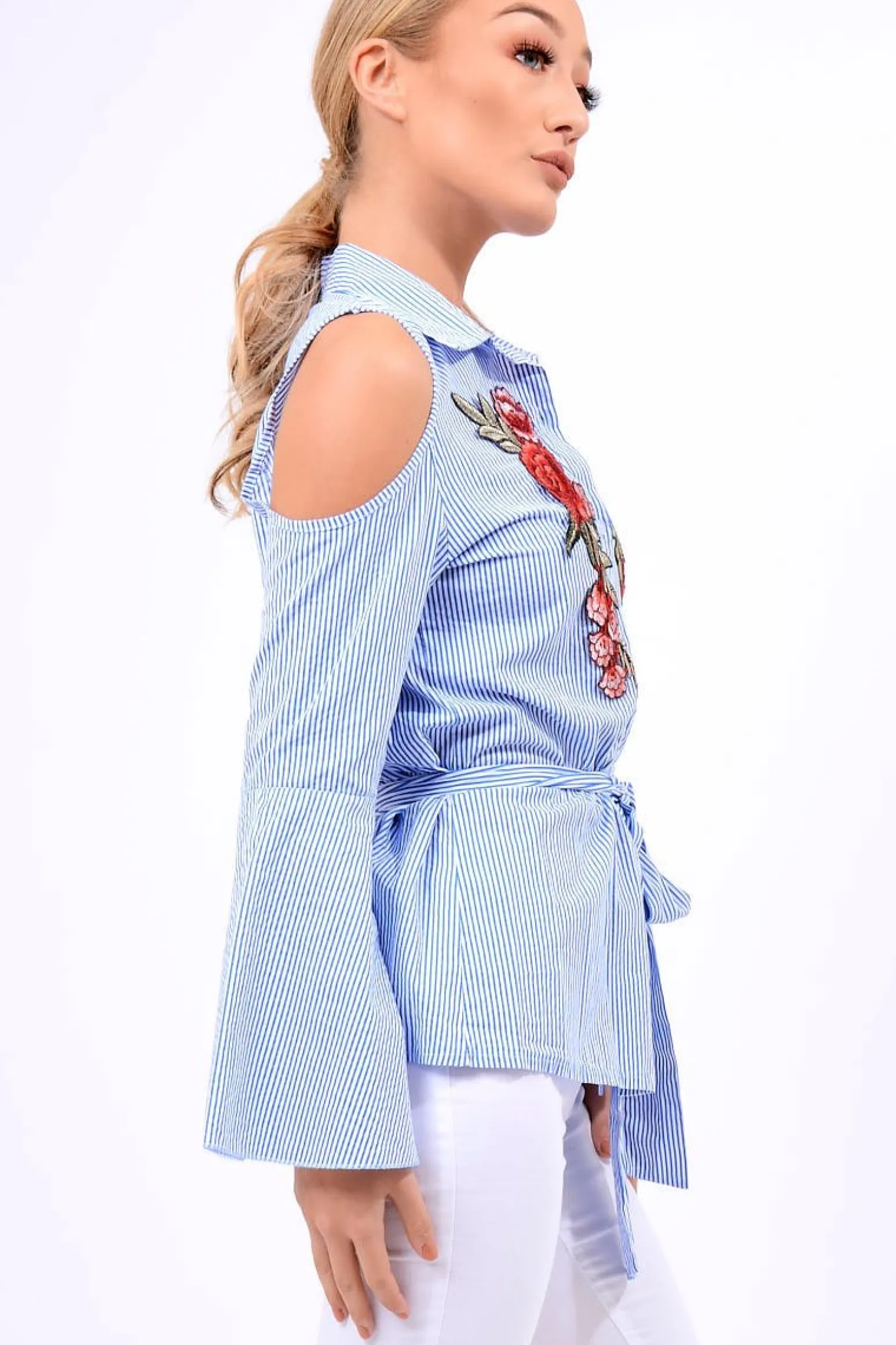 Rebellious Fashion Blue Striped Cold Shoulder Tie Shirt - Aniyah