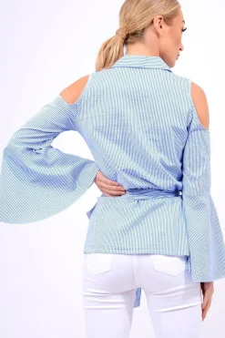 Rebellious Fashion Blue Striped Cold Shoulder Tie Shirt - Aniyah