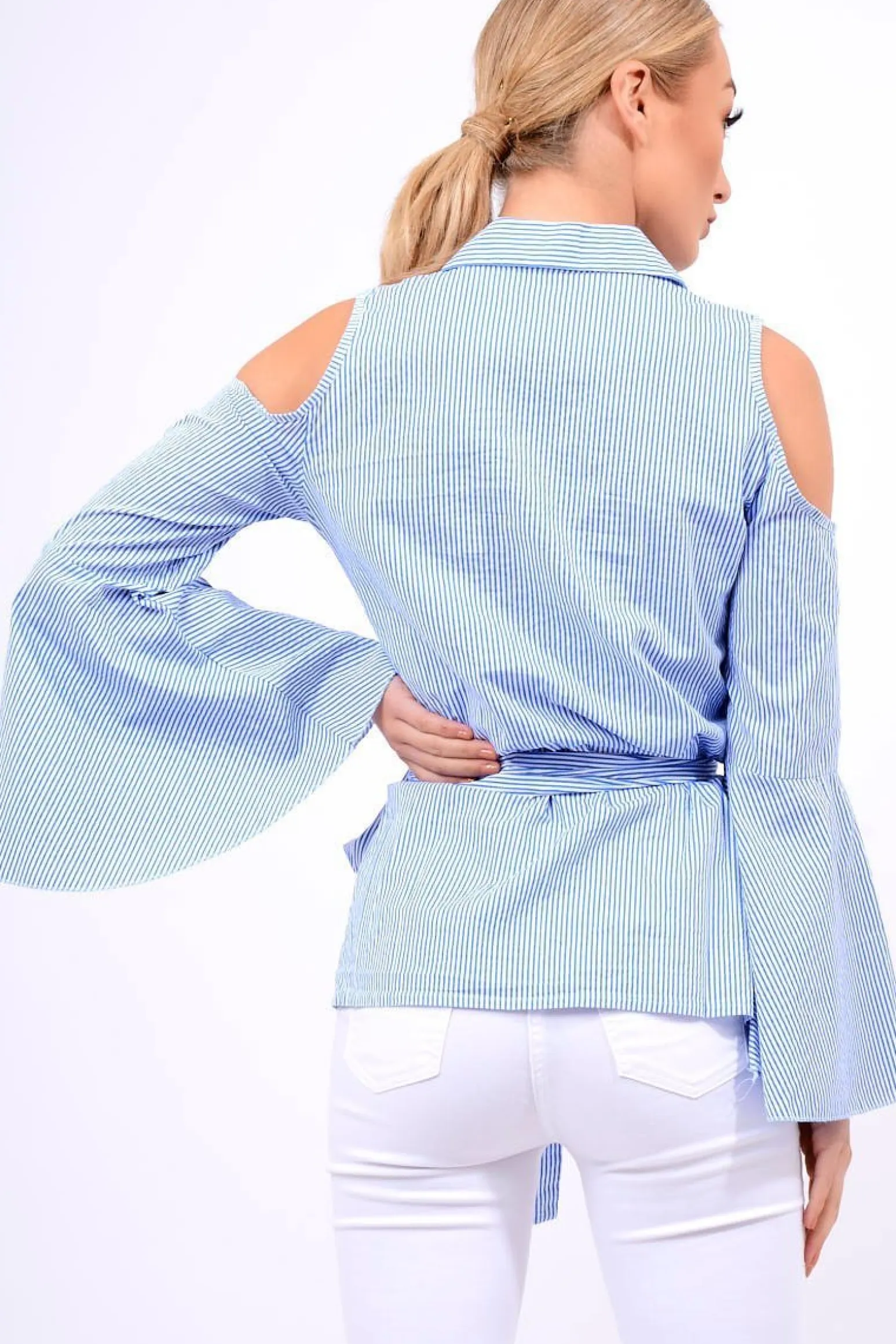 Rebellious Fashion Blue Striped Cold Shoulder Tie Shirt - Aniyah