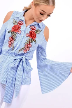 Rebellious Fashion Blue Striped Cold Shoulder Tie Shirt - Aniyah