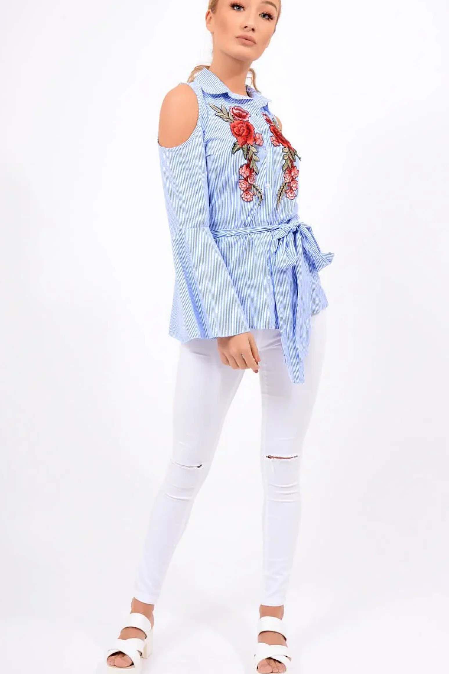 Rebellious Fashion Blue Striped Cold Shoulder Tie Shirt - Aniyah