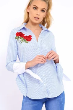 Rebellious Fashion Blue Striped Embroidered Bell Sleeve Shirt - Tamra