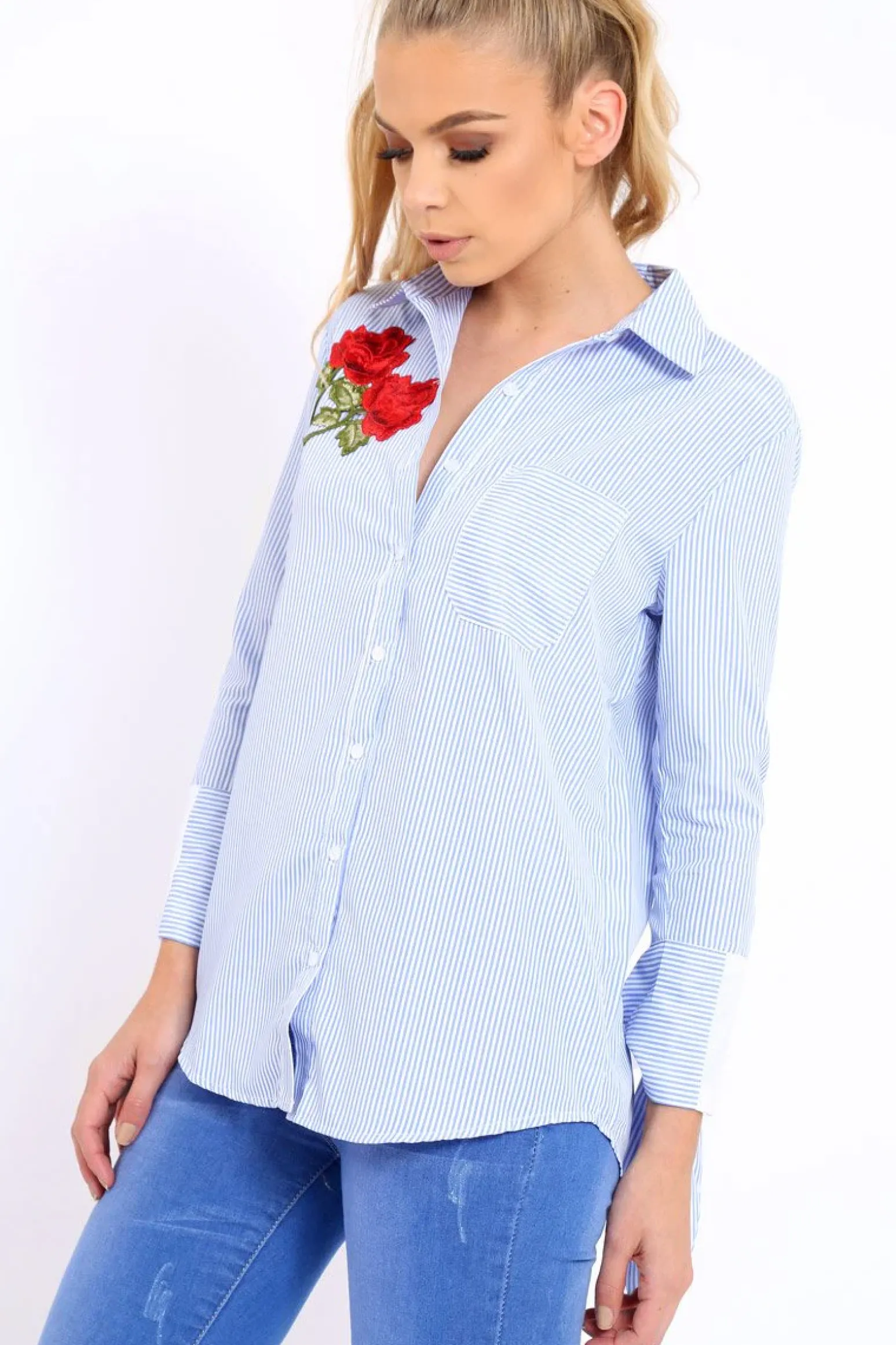 Rebellious Fashion Blue Striped Embroidered Bell Sleeve Shirt - Tamra