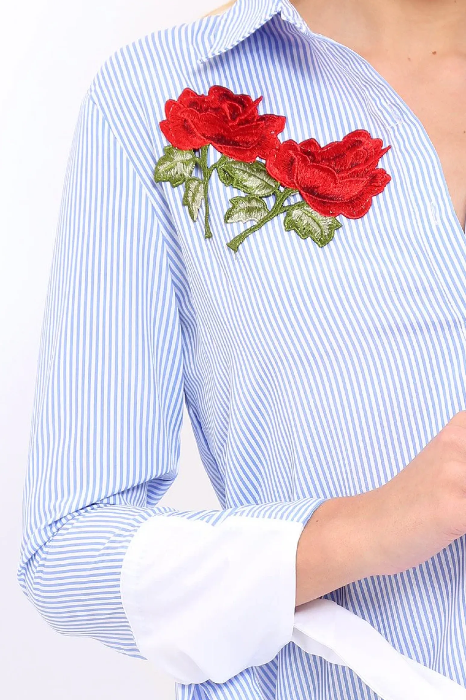 Rebellious Fashion Blue Striped Embroidered Bell Sleeve Shirt - Tamra