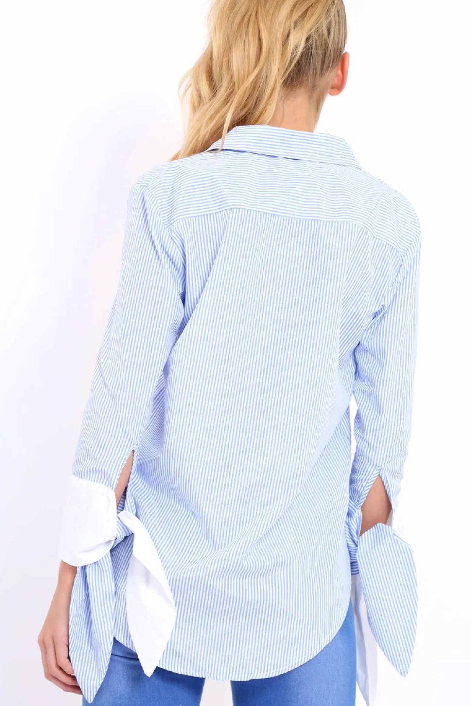 Rebellious Fashion Blue Striped Embroidered Bell Sleeve Shirt - Tamra