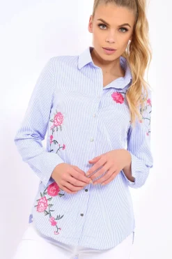 Rebellious Fashion Blue Striped Floral Embroidered Shirt - Fifi