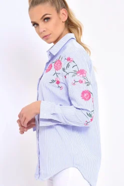 Rebellious Fashion Blue Striped Floral Embroidered Shirt - Fifi