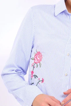 Rebellious Fashion Blue Striped Floral Embroidered Shirt - Fifi
