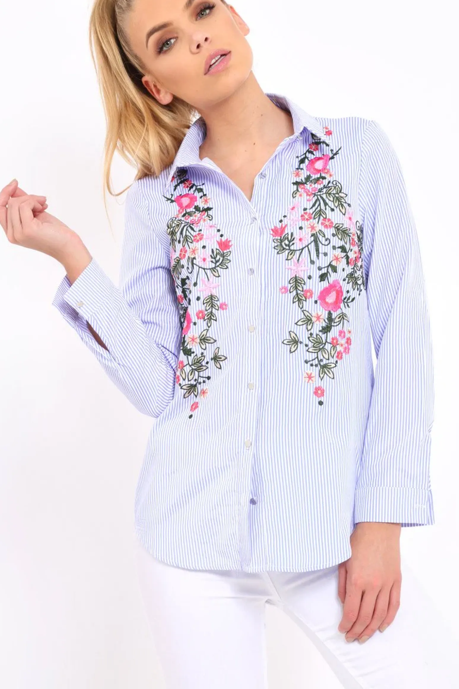 Rebellious Fashion Blue Striped Floral Embroidered Shirt - Gianna