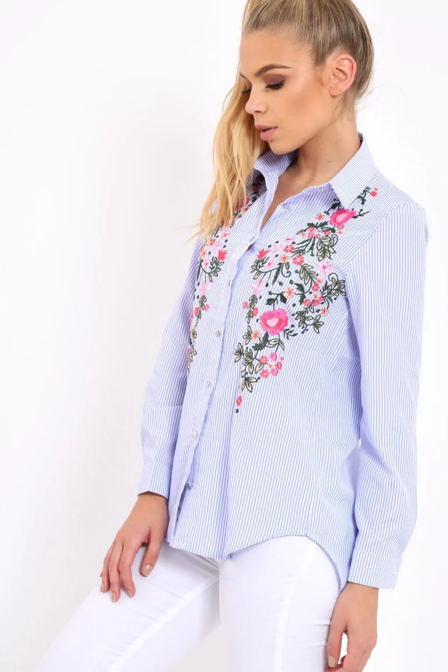 Rebellious Fashion Blue Striped Floral Embroidered Shirt - Gianna