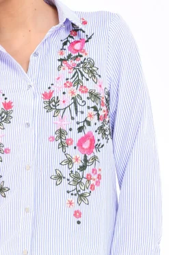 Rebellious Fashion Blue Striped Floral Embroidered Shirt - Gianna