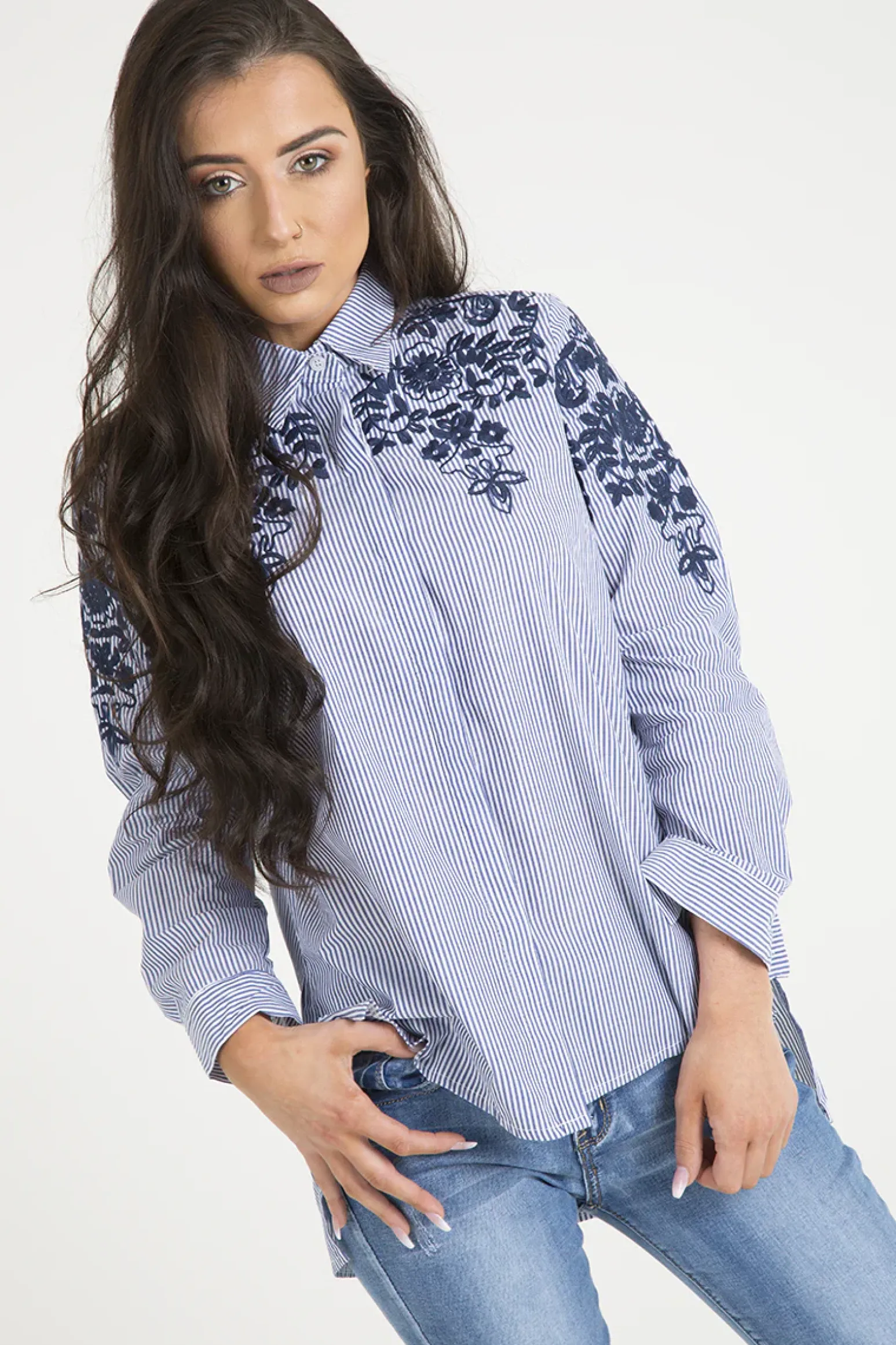 Rebellious Fashion Blue Striped Floral Embroidered Shirt - Mallory