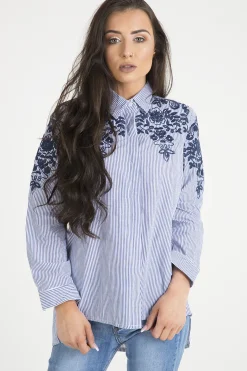 Rebellious Fashion Blue Striped Floral Embroidered Shirt - Mallory