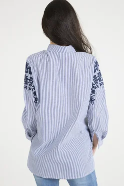 Rebellious Fashion Blue Striped Floral Embroidered Shirt - Mallory