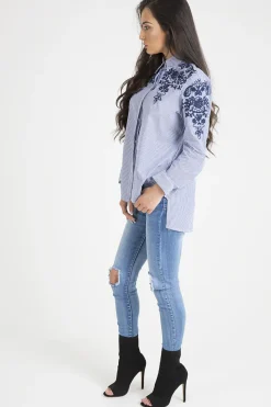Rebellious Fashion Blue Striped Floral Embroidered Shirt - Mallory