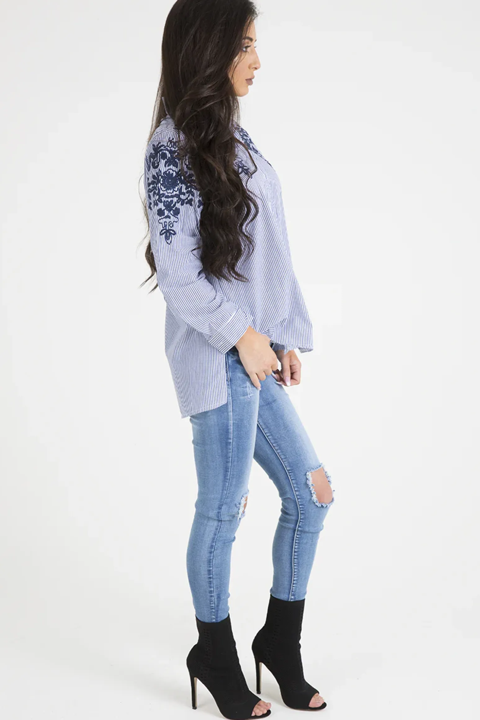 Rebellious Fashion Blue Striped Floral Embroidered Shirt - Mallory