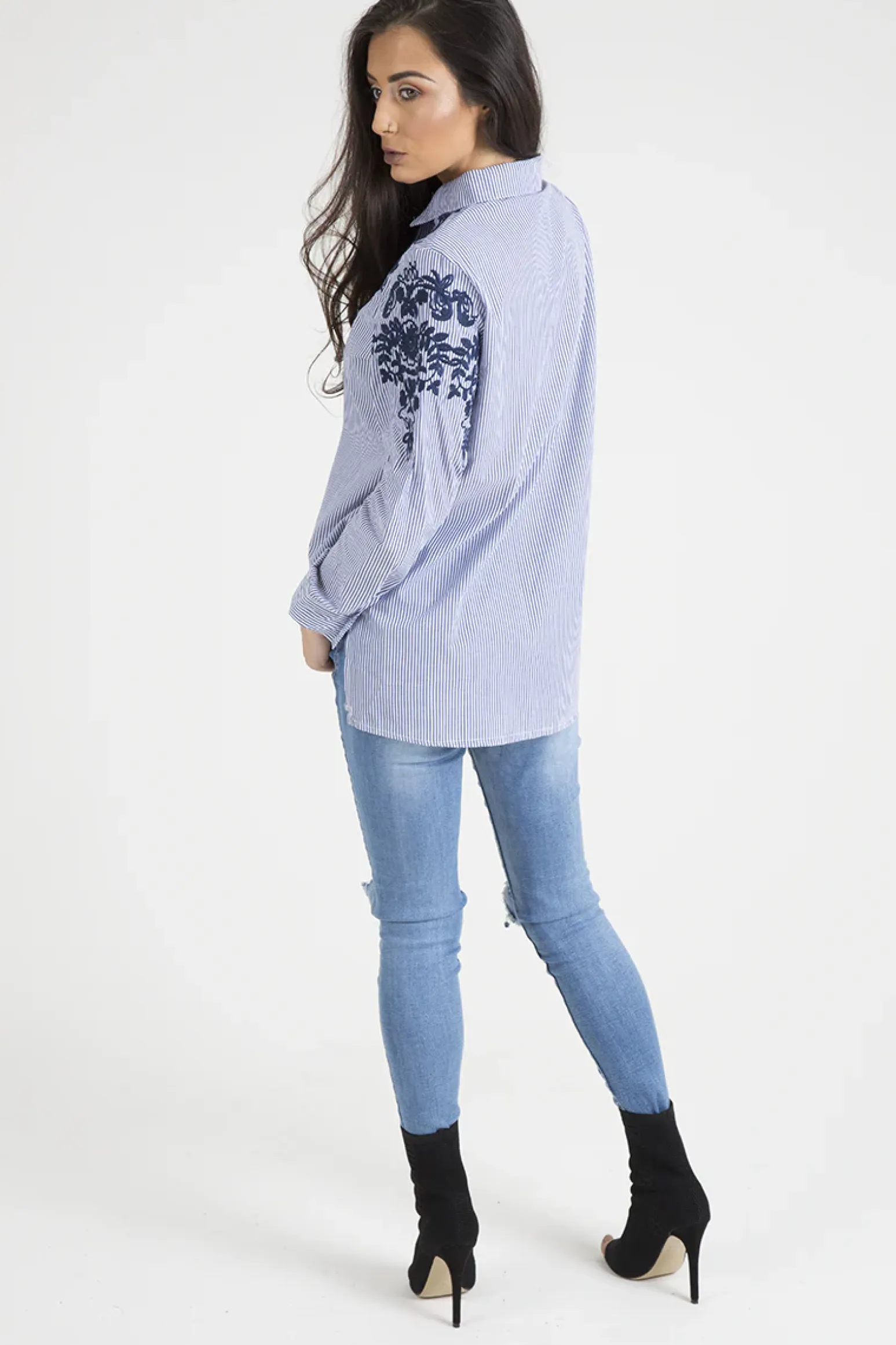Rebellious Fashion Blue Striped Floral Embroidered Shirt - Mallory