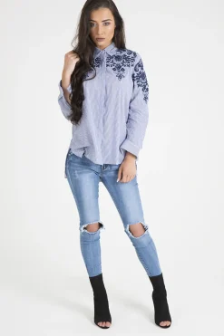 Rebellious Fashion Blue Striped Floral Embroidered Shirt - Mallory