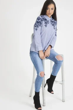 Rebellious Fashion Blue Striped Floral Embroidered Shirt - Mallory