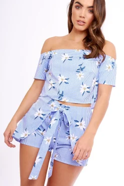 Rebellious Fashion Blue Striped Floral Shorts - Katrin