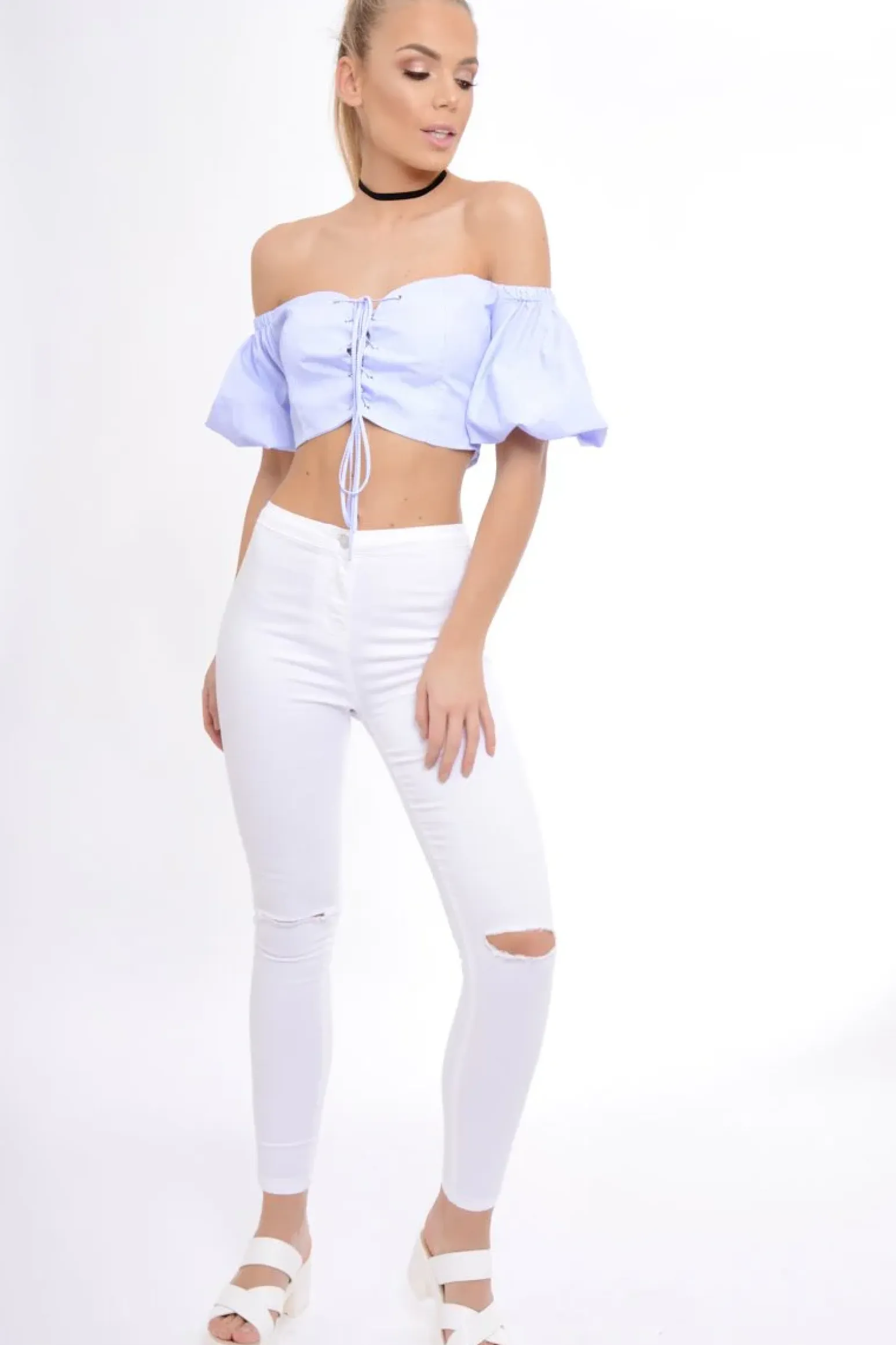 Rebellious Fashion Blue Striped Lace Up Bardot Crop Top - Malin