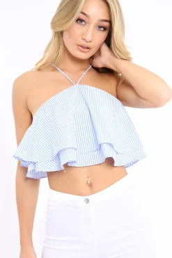 Rebellious Fashion Blue Stripe Frill Halterneck Crop Top - Annabel