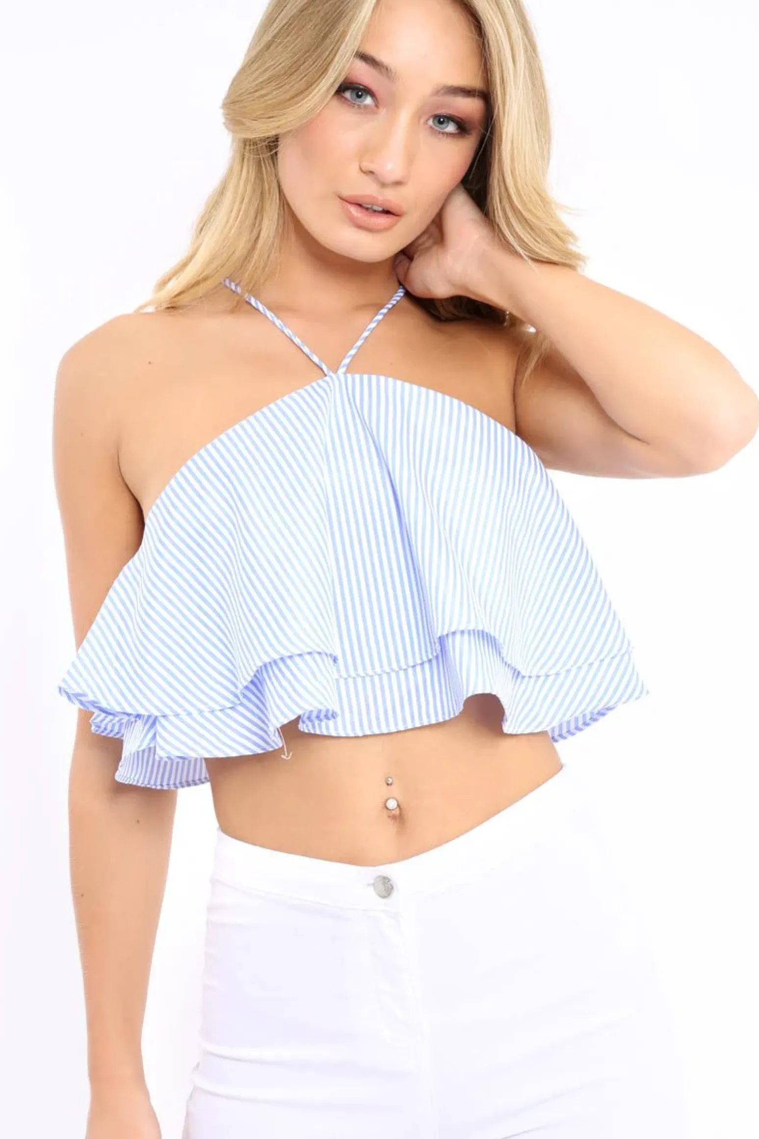 Rebellious Fashion Blue Stripe Frill Halterneck Crop Top - Annabel