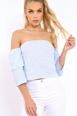Rebellious Fashion Blue Stripe Frill Off Shoulder Tie Crop Top - Halle