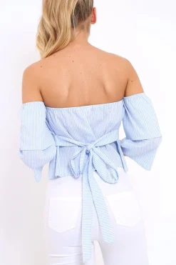 Rebellious Fashion Blue Stripe Frill Off Shoulder Tie Crop Top - Halle