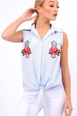 Rebellious Fashion Blue Stripe Tie Front Sleeveless Shirt - Joely