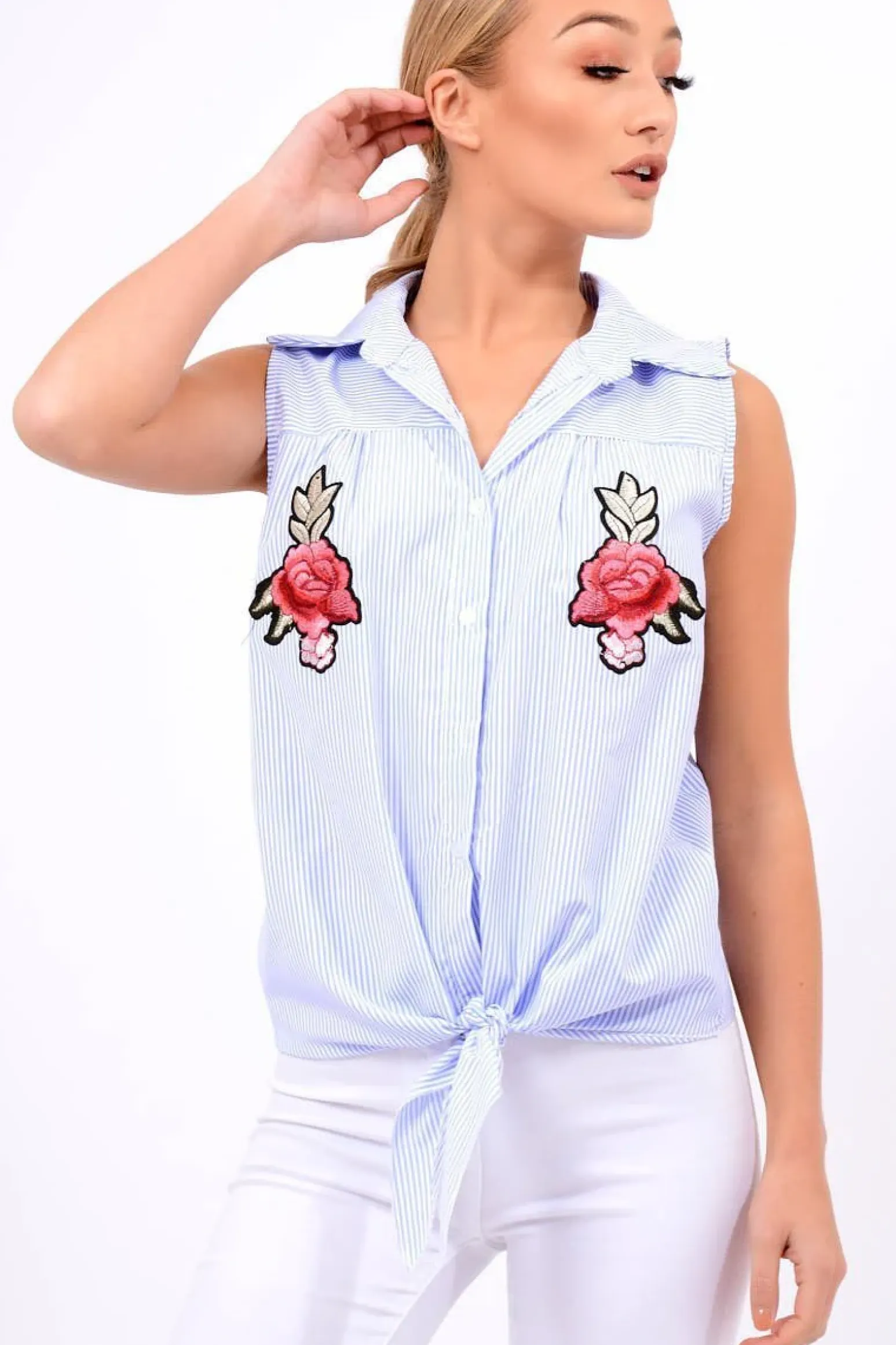 Rebellious Fashion Blue Stripe Tie Front Sleeveless Shirt - Joely