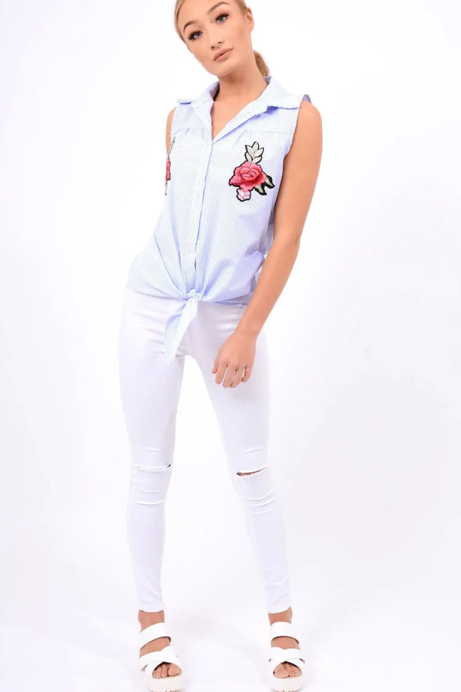 Rebellious Fashion Blue Stripe Tie Front Sleeveless Shirt - Joely