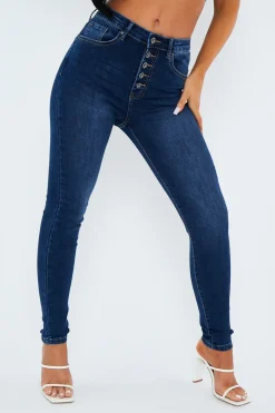 Rebellious Fashion Blue Super Stretch Button Front Skinny Jeans - Jady