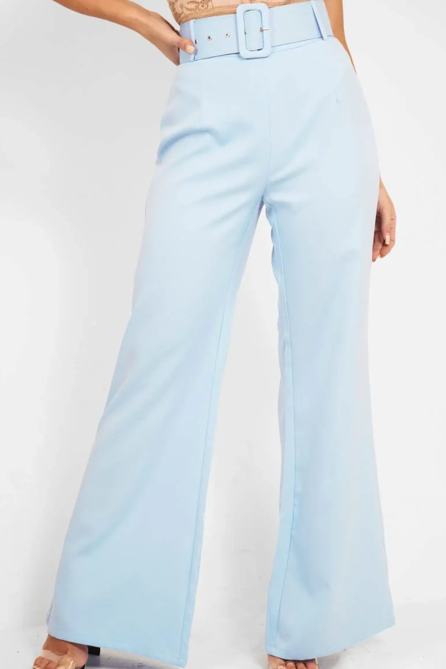 Rebellious Fashion Blue Tailored Wide Leg Belted Trousers - Chenelle