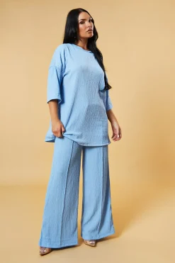 Rebellious Fashion Blue Textured Knit Trousers & Oversized Top Co-ord Set - Cecelia