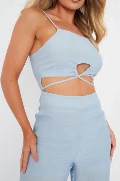 Rebellious Fashion Blue Tie Detail Wide Leg Jumpsuit - Josilyn