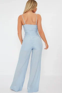 Rebellious Fashion Blue Tie Detail Wide Leg Jumpsuit - Josilyn
