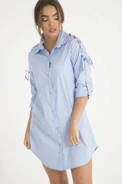 Rebellious Fashion Blue Tied Shoulder Oversized Shirt Dress - Helen