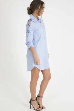 Rebellious Fashion Blue Tied Shoulder Oversized Shirt Dress - Helen