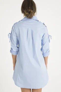 Rebellious Fashion Blue Tied Shoulder Oversized Shirt Dress - Helen