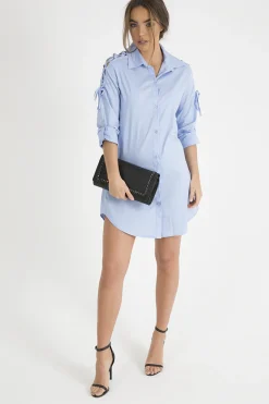Rebellious Fashion Blue Tied Shoulder Oversized Shirt Dress - Helen