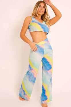 Rebellious Fashion Blue Tie-Dye Ribbed Vest Loungewear Co-ord - Alaire