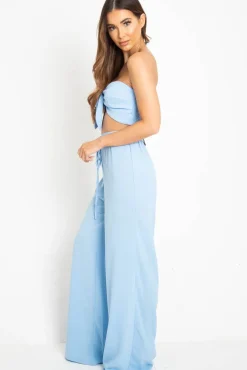 Rebellious Fashion Blue Tie Front Bandeau Wide Leg Trouser Co-Ord - Roselia